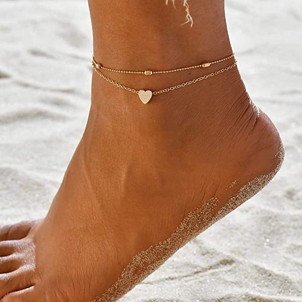 New TOMLEE Multilayers Gold Plated Heart Charm Anklet for Women Girls Bohemian Beach Ankle Chain Bracelet Foot Jewelry