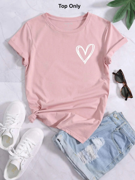 New Women's Heart Print Round Neck Tee in Baby Pink, Sz L! Fits True to size, rated 4.93 out of 5 stars!