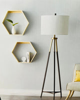 New in box! Hometrends Tripod Floor lamp with black & Gold Base! White Linen Lampshade!