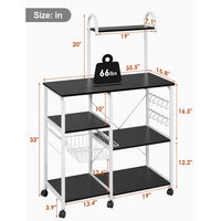 New in box! Homfa Kitchen Baker's Racks, Rolling Microwave Cart, 35.5" Utility Storage Shelf, Multi-Tier Kitchen Cart Organizer Workstation with 10 Hooks and Wire Basket, White and Black Finish