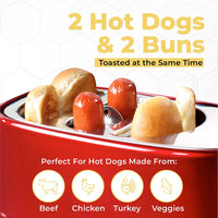 New in box! Nostalgia 2 Slot Hot Dog and Bun Toaster with Mini Tongs, Hot Dog Toaster Works with Chicken, Turkey, Veggie Links, Sausages and Brats, Retro Red