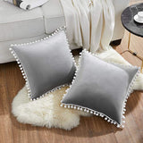 New lbiefde Decorative Throw Pillow Covers with Pom Poms, Soft Square Velvet Pillowcase, Solid Cushion Case 20 x 20 Inch for Couch Sofa Bedroom Car, Pack of 2, Grey