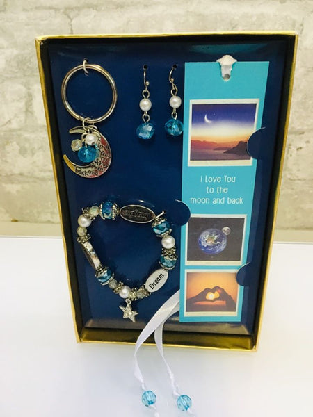 I Love You To The Moon & Back 4-Piece Gift Set! Includes Earrings, Bookmark, Keychain & Bracelet!