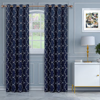 Superior Imperial Trellis Quality Soft, Insulated, Thermal, Woven Blackout Grommet Printed Curtain Panel Pair (Set of 2) 52" x 96" - Navy Blue