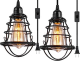 New Industrial Plug in Pendant Light Vintage Hanging Cage Pendant Lighting E26 E27 Mini Pendant Light Edison Plug in Light Fixture On/Off Switch, 2 Pack!