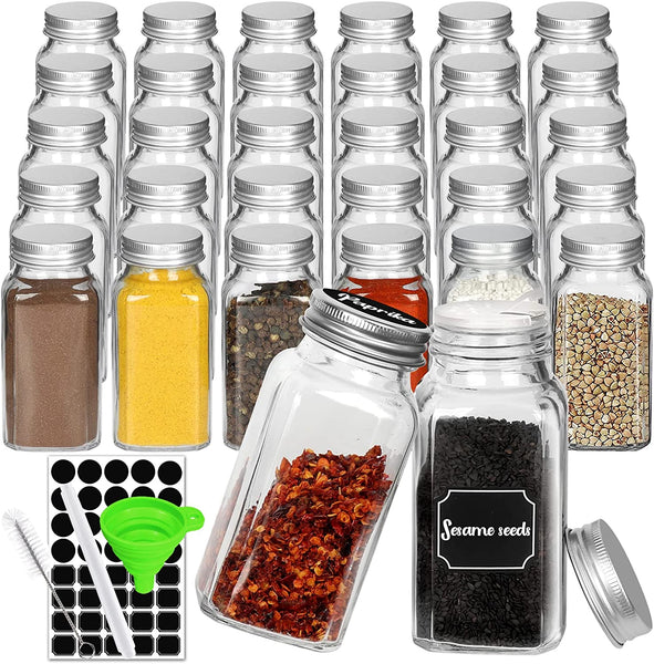 30 Pcs Glass Spice Jars with Spice Labels , 4oz Empty Square Spice Bottles with Shaker Lids and Airtight Metal Caps ,Chalk Marker and Silicone Collapsible Funnel Included