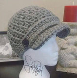 Hand Crocheted Brimmed Newsboy Hat in Choice of Black, Dark Grey Or Light Grey, One Size!