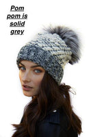 KYI KYI HARMONY KNIT BEANIE WITH FAUX FUR POM IN GREY/ BLACK/ WHITE! ONE SIZE! RETAILS $150+