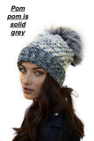 KYI KYI HARMONY KNIT BEANIE WITH FAUX FUR POM IN GREY/ BLACK/ WHITE! ONE SIZE! RETAILS $150+