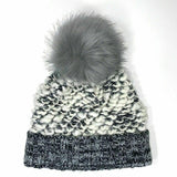 KYI KYI HARMONY KNIT BEANIE WITH FAUX FUR POM IN GREY/ BLACK/ WHITE! ONE SIZE! RETAILS $150+