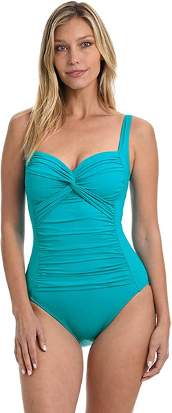 New with tags! La Blanca Island Goddess Over The Shoulder Twist Mio One Piece Sz 6, Teal! Retails $153+
