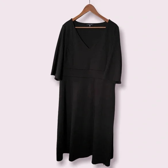 New Lands End Plus Size 22W V-Neck Ponte Dress with Empire Waist Bell Sleeves and Side Zip, Black!