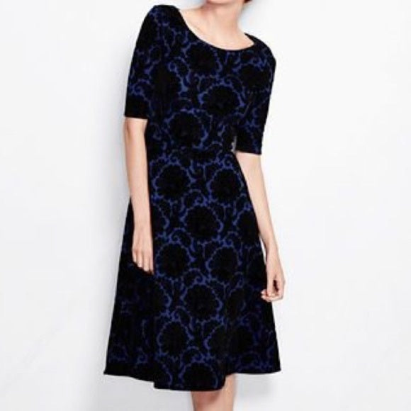 New Lands End Blue Black Velvet Flocked Floral Fit Flare Ponte Knit Midi Dress, Sz 1X! Very Flattering!