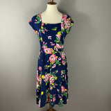 New Lands End Navy Blue Floral Dress Womens Sz M 1O-12 Stretchy Jersey Knit Short Sleeve!