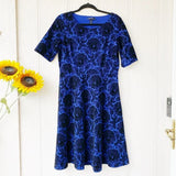 New Lands End Blue Black Velvet Flocked Floral Fit Flare Ponte Knit Midi Dress, Sz 1X! Very Flattering!