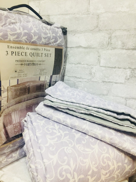Brand new Premier Bamboo Comfort 3 Piece Quilt Set! Fits Double/Queen!   Lavender & White Print!