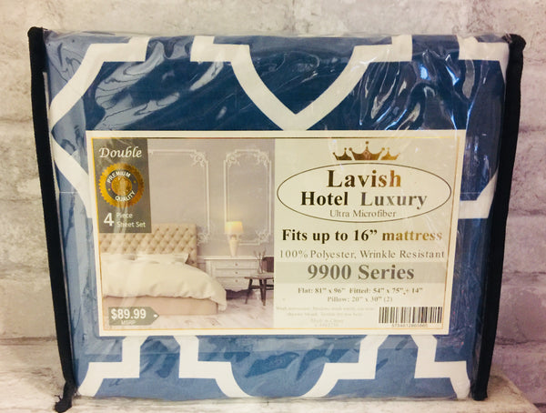 Lavish Hotel Luxury 9900 series Ultra Microfiber Wrinkle Resistant 4 Piece double sheet set! Fits mattresses up to 16"! Blue Geo Pattern