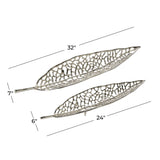 New Wayfair Set of 2 Large Metal Leaf Design Decorative Trays, Made in India! Silver Finish, 31" & 24", Retails $145 w/tax!