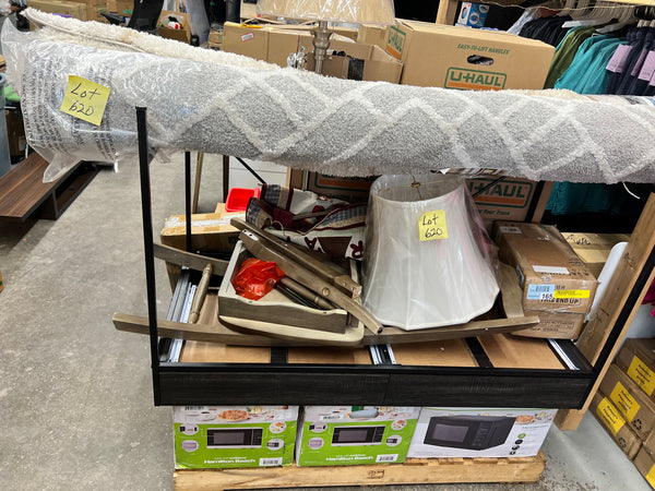 Pallet lot 620 Home Pallet lot! Mix of new, returns, undelivered, refused, returned, abandoned or unclaimed freight. etc! View all Photos to see All Items in lot! 292+ Pieces