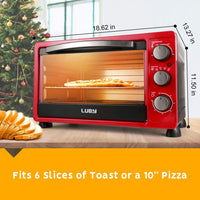 New no box! LUBY Convection Toaster Oven with Timer, Toast, Broil Settings, Includes Baking Pan, Rack and Crumb Tray, 6-Slice, Red! Note: handle had a small crack in it we fixed it with epoxy!