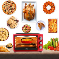 New no box! LUBY Convection Toaster Oven with Timer, Toast, Broil Settings, Includes Baking Pan, Rack and Crumb Tray, 6-Slice, Red! Note: handle had a small crack in it we fixed it with epoxy!