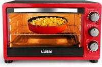 New no box! LUBY Convection Toaster Oven with Timer, Toast, Broil Settings, Includes Baking Pan, Rack and Crumb Tray, 6-Slice, Red! Note: handle had a small crack in it we fixed it with epoxy!