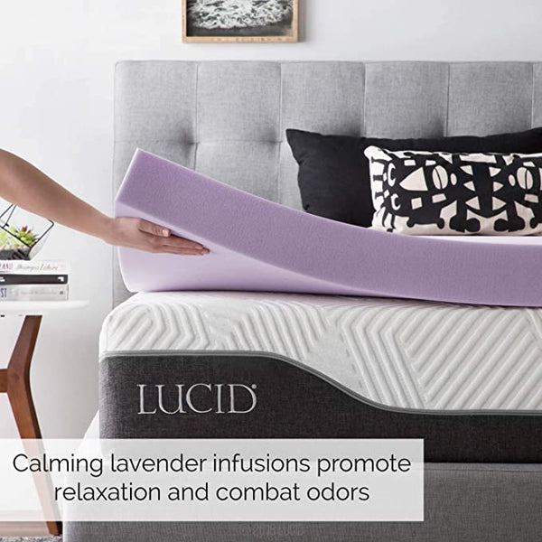 New LUCID 4 Inch Lavender Infused Memory Foam Mattress Topper - Ventilated Design - Queen Size! Comes compressed in box for easy transport!