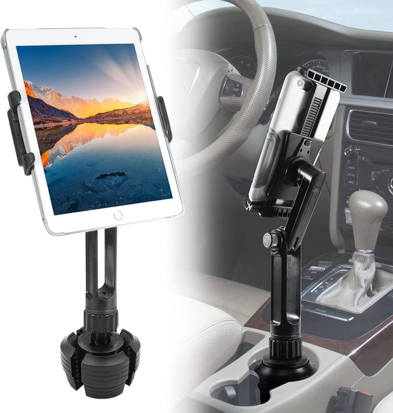 Macally Heavy Duty Tablet Holder for Car - Works as Cup Holder Tablet Mount or Phone Cup Holder - Fits Devices 3.5" - 8” Wide with Case - Adjustable iPad Car Mount with 360° Rotatable Cradle