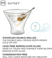 New in box! Outset 76482 Double Wall Stemless Martini Glasses, Set of 2, Borosilicate Glass