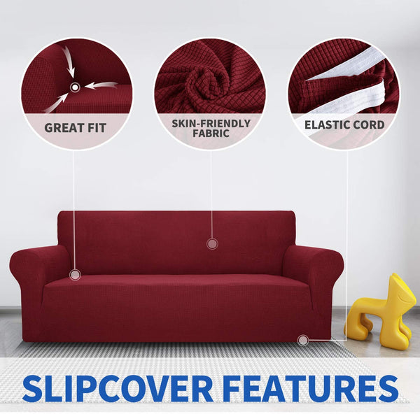 New MAXIJIN Super Stretch Couch Cover for 3 Cushion Couch, 1-Piece Universal Sofa Covers Living Room Jacquard Spandex Furniture Protector Dogs Pet Friendly Fitted Couch Slipcover (Sofa, Wine Red)