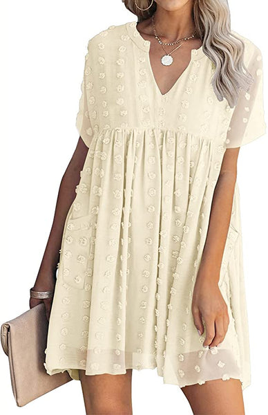 New MIHOLL Women's V Neck Short Sleeve Ruffle Loose Summer Flowy Mini Dress in Pale Apricot, Sz S!