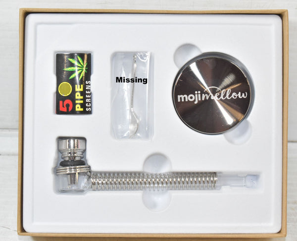 New Glass Pipe Set W/ Grinder - Moji Mellow, set is missing small packing spoon!