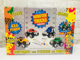 Brand new in box! Monster trucks garage set! Rev'em, Race'em, Crash'em! Includes 4 monster trucks that you push to rev up, the more you push the faster they go 2 sticker sheets, 3 paint colours & paint brush! Retails $35+