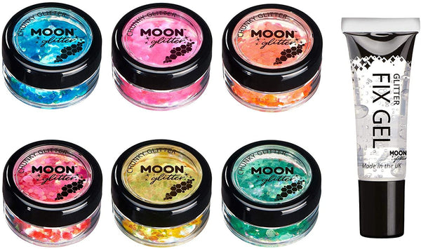 New Biodegradable Iridescent Chunky Glitter by Moon Glitter – 100% Cosmetic Glitter for Face, Body, Nails, Hair and Lips - 0.10oz - Set of 6 colours