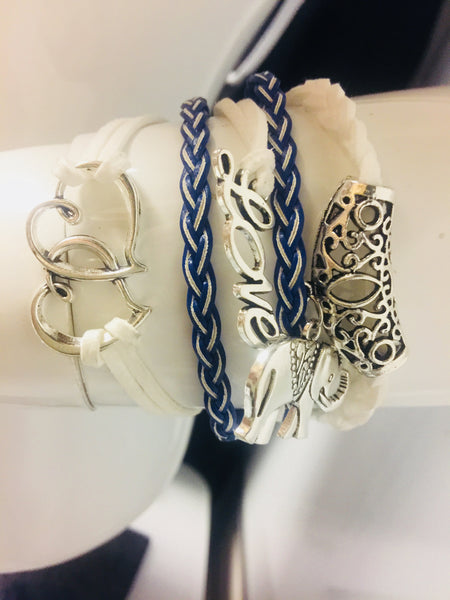 Brand new Trendy Women's Multi-Layered Friendship Leather Braided Bracelet. Lucky Elephant, Love, Hearts Navy & White