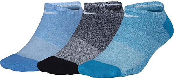 Pack of 3 Women's Nike Performance Cushioned No-Show Socks in blue, teal & black no show socks with ribbed hem, Sz 6-10!