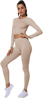New Olchee Women's Workout Outfit Set Active 2 Pieces Seamless Yoga Leggings with Stretch Sports Top, Light Beige, Sz S!