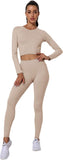 New Olchee Women's Workout Outfit Set Active 2 Pieces Seamless Yoga Leggings with Stretch Sports Top, Light Beige, Sz S!
