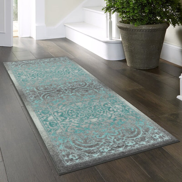 New Wayfair Oriental Tufted Grey/Blue 1'8" x 5' Area Rug Runner by Andover Mills in Teal & Grey
