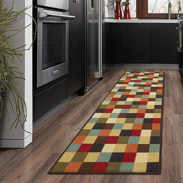 New Ottomanson Otto Home Contemporary Checkered Design Modern Runner Rug Runner with Non-SkidRubber Backing, 2'X7' Multi colour