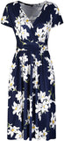 New Ouges women's surplice Navy Floral Dress with side pockets, Sz M!