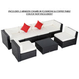 Brand new Great Quality set of 2 Armless Rattan Wicker Chairs W/Cushions & Large Square 5mm thick Tempered Glass Coffee Table! Retails $549+ Fully assembled, This is our last set, 1 already sold on auction