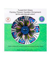 Fused Art Glass Paisley Flower Garden Ornament with LED Solar Light! The center ball lights up at night, coupled with it’s changing colours.