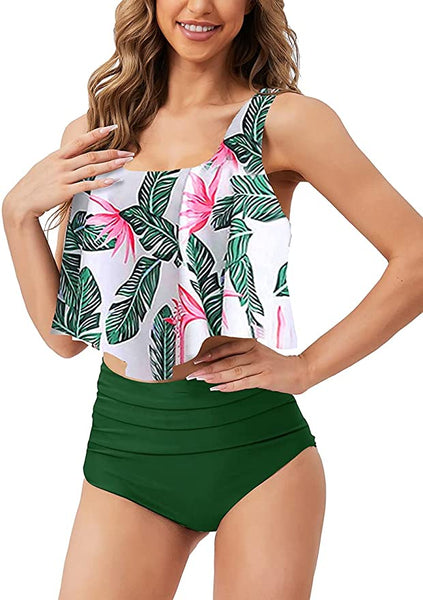 New with tags! MiYang Women's High Waist Flounce Ruffle Top Bikini Swimsuits Tummy Control Bottoms Two-Piece Bathing Suits Flounce Peplum, Sz L!