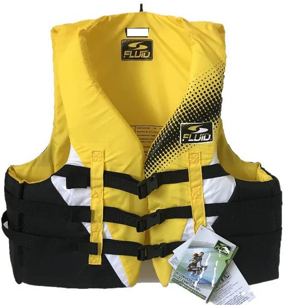 New with tags! Fluid Adult 3-Buckle PFD, Yellow Sz XL, 114-124 cm chest!