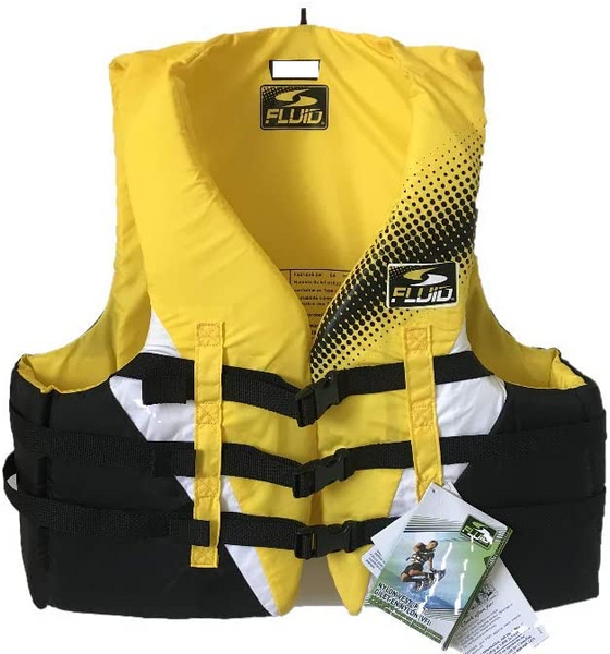 New with tags! Fluid Adult 3-Buckle PFD, Yellow Sz M, 94-104cm Chest!