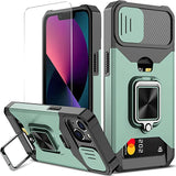New Nvollnoe for iPhone 13 Heavy Duty Protective Case with Sliding Camera Cover and Card Holder, Screen Protector Magnetic Kickstand for iPhone 13(Green)
