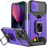 New Nvollnoe for iPhone 13 Heavy Duty Protective Case with Sliding Camera Cover and Card Holder, Screen Protector Magnetic Kickstand for iPhone 13(Purple)