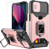 New Nvollnoe for iPhone 13 Heavy Duty Protective Case with Sliding Camera Cover and Card Holder, Screen Protector Magnetic Kickstand for iPhone 13(Rose Gold)