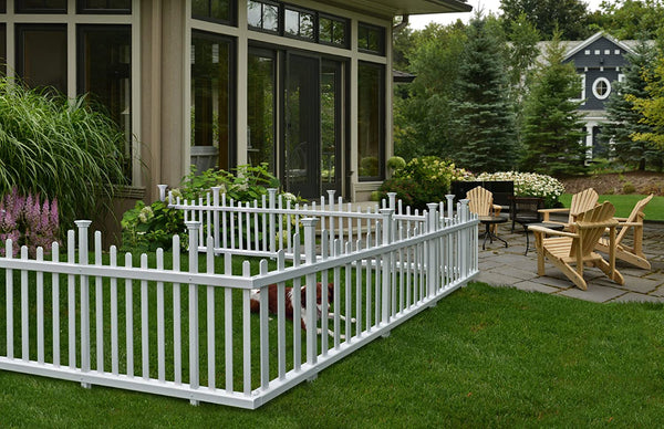 No-Dig Vinyl Picket Garden Fence 2 Pack (30in x 58in-Each Unassembled). Perfect to define boundaries in your yard or garden or contain small children and pets